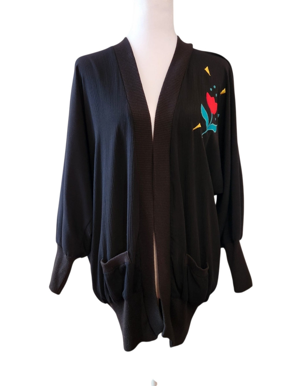 Vintage Peter Popovitch Open Front Cardigan Sweater Floral USA Made 1980s Size S